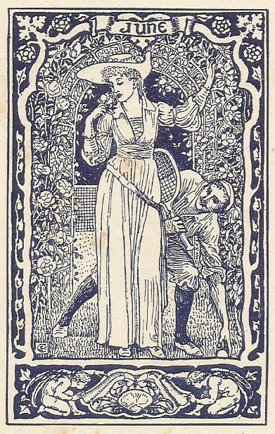 Calendar design by Walter Crane 1892 for the Scottish Widows Fund Victorian couple with tennis racquet and roses